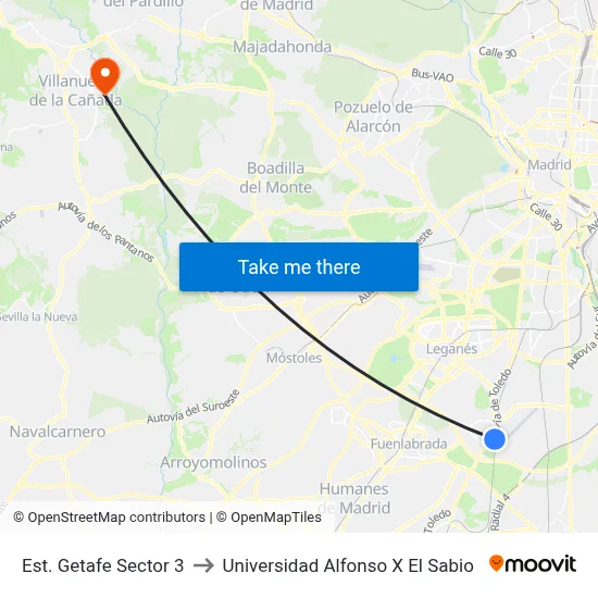 Est. Getafe Sector 3 to Universidad Alfonso X El Sabio map