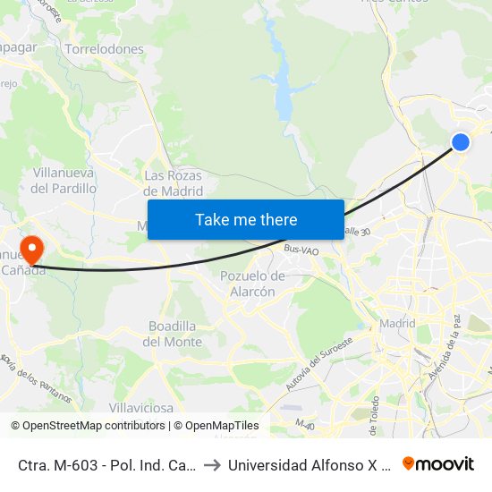 Ctra. M-603 - Pol. Ind. Calabozos to Universidad Alfonso X El Sabio map