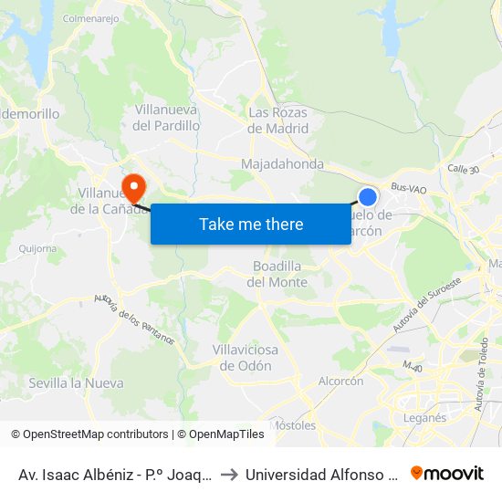 Av. Isaac Albéniz - P.º Joaquín Rodrigo to Universidad Alfonso X El Sabio map