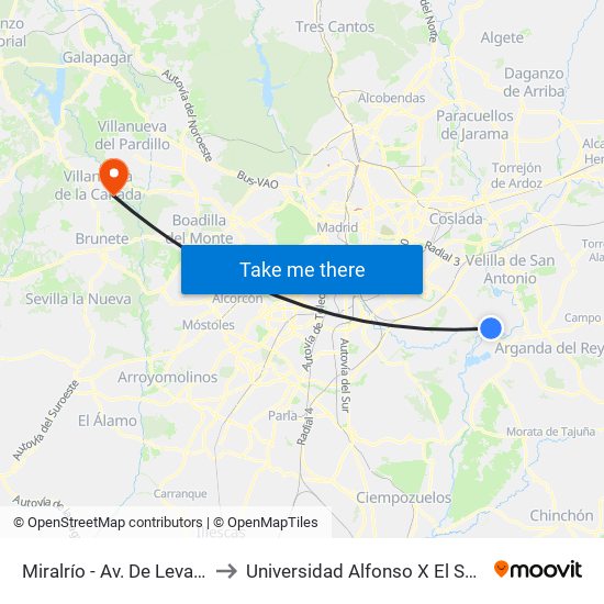 Miralrío - Av. De Levante to Universidad Alfonso X El Sabio map