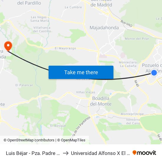 Luis Béjar - Pza. Padre Vallet to Universidad Alfonso X El Sabio map