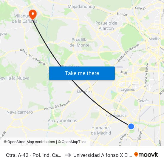 Ctra. A-42 - Pol. Ind. Cantueña to Universidad Alfonso X El Sabio map