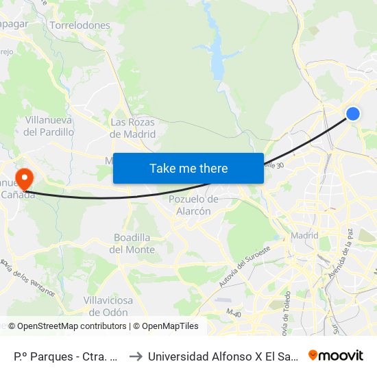 P.º Parques - Ctra. A-1 to Universidad Alfonso X El Sabio map