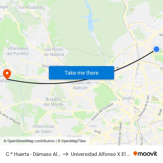 C.º Huerta - Dámaso Alonso to Universidad Alfonso X El Sabio map