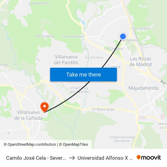 Camilo José Cela - Severo Ochoa to Universidad Alfonso X El Sabio map
