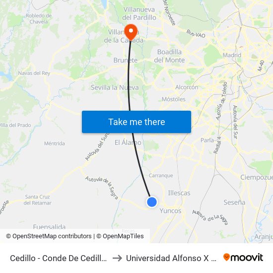 Cedillo - Conde De Cedillo N.º 20 to Universidad Alfonso X El Sabio map