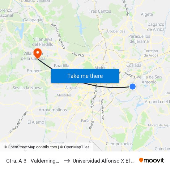 Ctra. A-3 - Valdemingómez to Universidad Alfonso X El Sabio map
