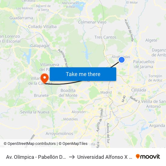 Av. Olímpica - Pabellón Deportivo to Universidad Alfonso X El Sabio map