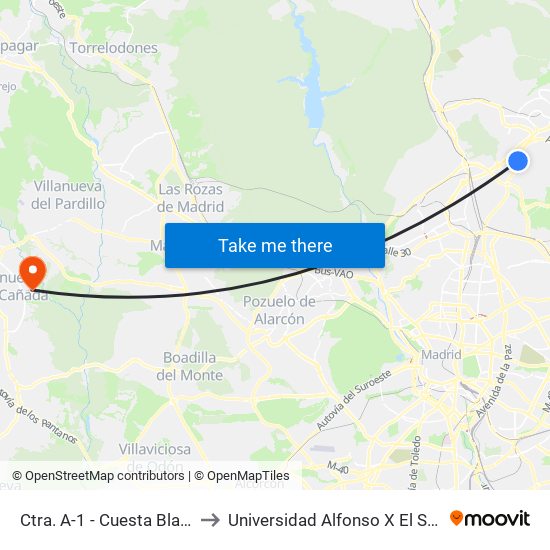 Ctra. A-1 - Cuesta Blanca to Universidad Alfonso X El Sabio map
