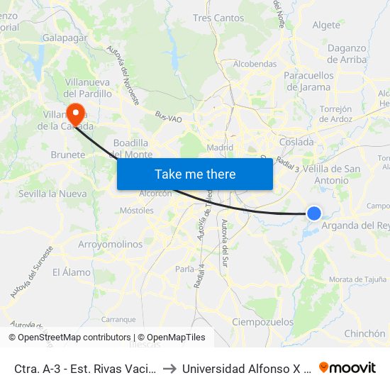 Ctra. A-3 - Est. Rivas Vaciamadrid to Universidad Alfonso X El Sabio map