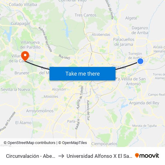 Circunvalación - Abedul to Universidad Alfonso X El Sabio map