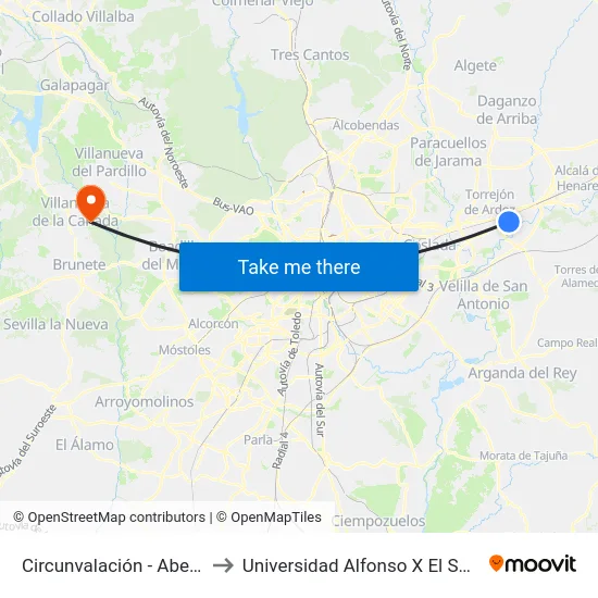 Circunvalación - Abedul to Universidad Alfonso X El Sabio map
