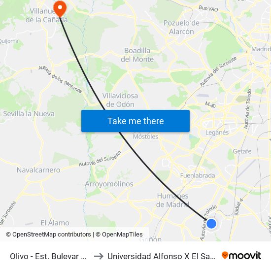 Olivo - Est. Bulevar Sur to Universidad Alfonso X El Sabio map