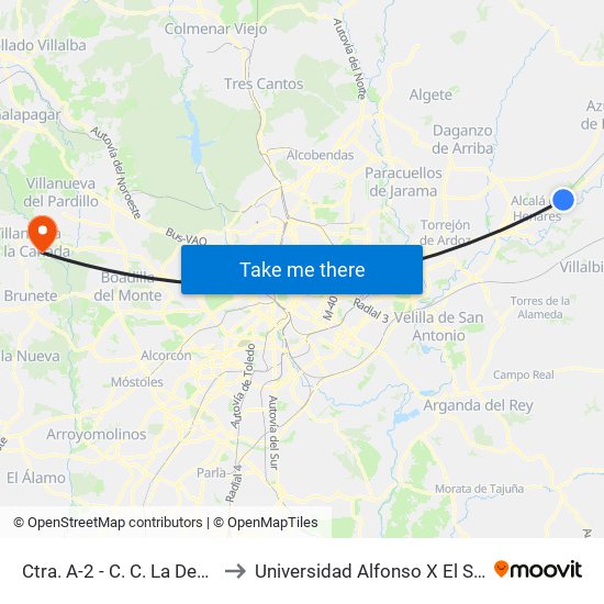 Ctra. A-2 - C. C. La Dehesa to Universidad Alfonso X El Sabio map