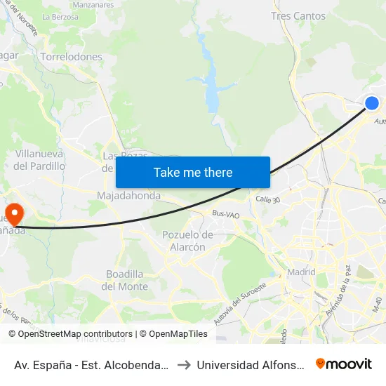 Av. España - Est. Alcobendas S. Seb. Reyes to Universidad Alfonso X El Sabio map