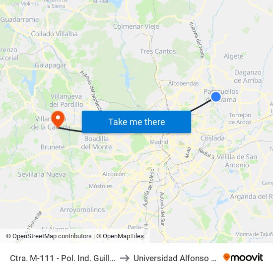 Ctra. M-111 - Pol. Ind. Guillermo Mesa to Universidad Alfonso X El Sabio map