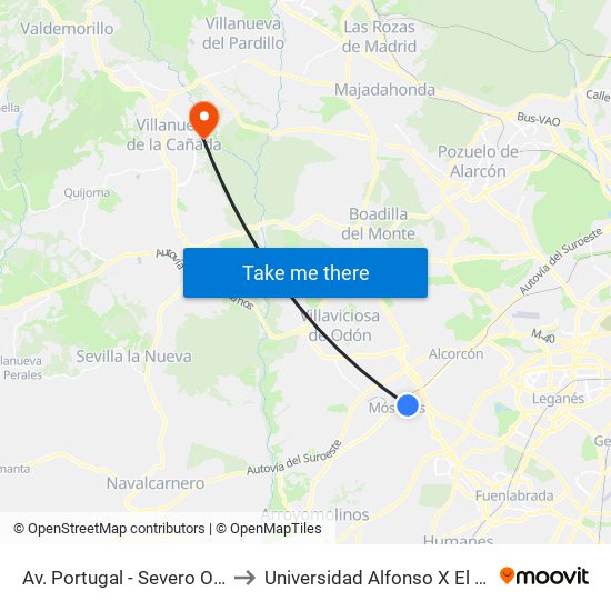 Av. Portugal - Severo Ochoa to Universidad Alfonso X El Sabio map
