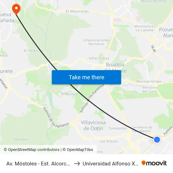 Av. Móstoles - Est. Alcorcón Central to Universidad Alfonso X El Sabio map