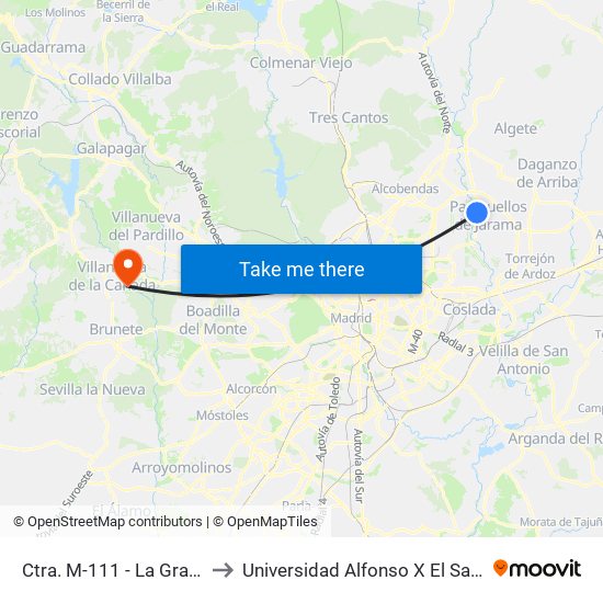 Ctra. M-111 - La Granja to Universidad Alfonso X El Sabio map