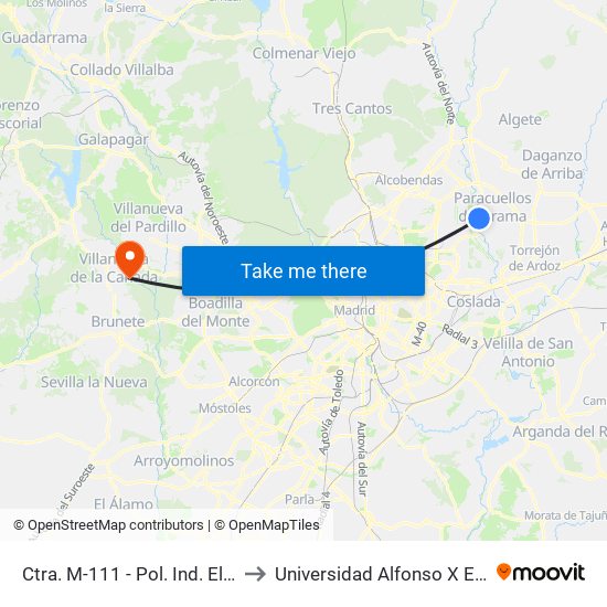 Ctra. M-111 - Pol. Ind. El Pulido to Universidad Alfonso X El Sabio map
