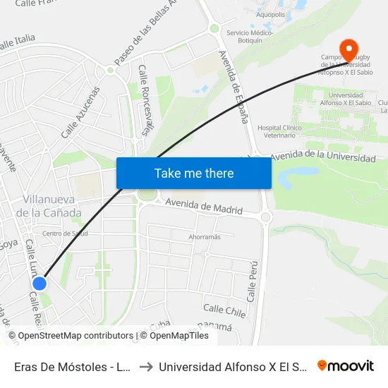 Eras De Móstoles - Luna to Universidad Alfonso X El Sabio map