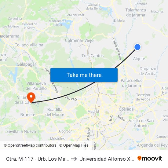 Ctra. M-117 - Urb. Los Manantiales to Universidad Alfonso X El Sabio map