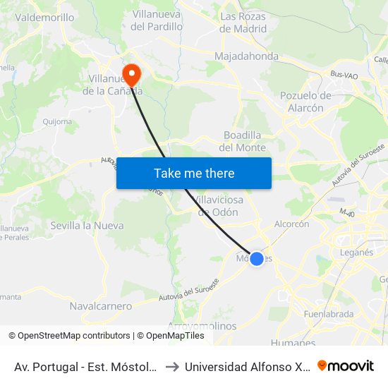 Av. Portugal - Est. Móstoles Central to Universidad Alfonso X El Sabio map