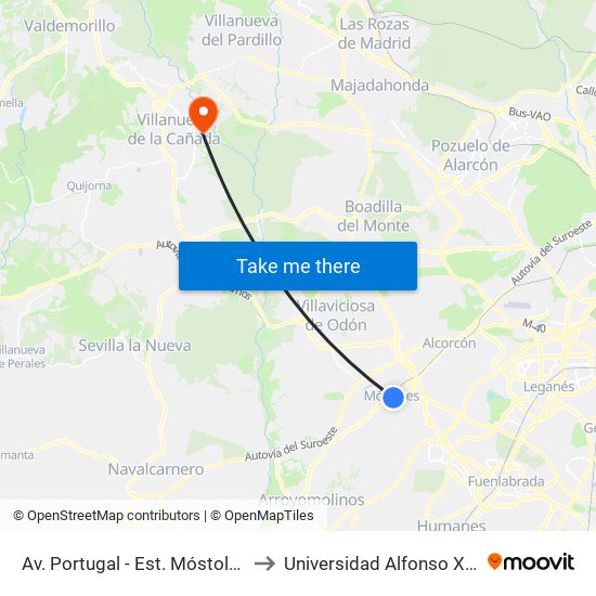Av. Portugal - Est. Móstoles Central to Universidad Alfonso X El Sabio map