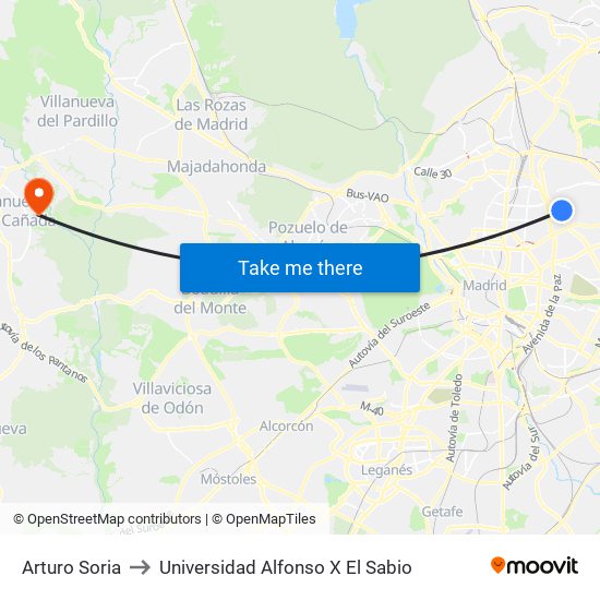 Arturo Soria to Universidad Alfonso X El Sabio map
