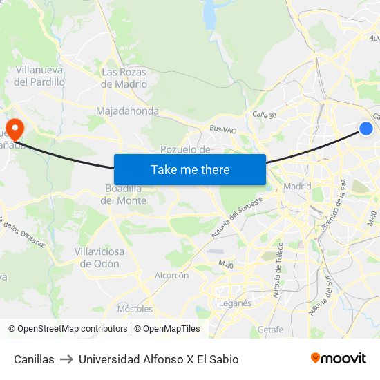 Canillas to Universidad Alfonso X El Sabio map