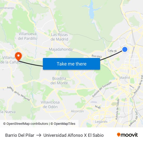 Barrio Del Pilar to Universidad Alfonso X El Sabio map