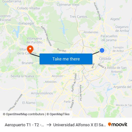 Aeropuerto T1 - T2 - T3 to Universidad Alfonso X El Sabio map