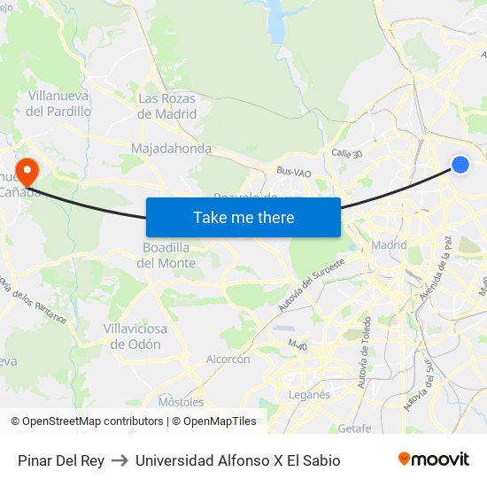 Pinar Del Rey to Universidad Alfonso X El Sabio map