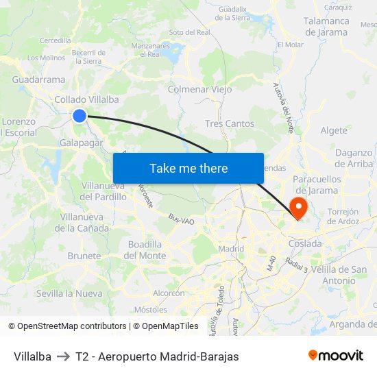 Villalba to T2 - Aeropuerto Madrid-Barajas map