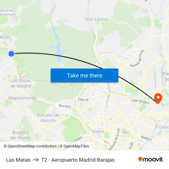 Las Matas to T2 - Aeropuerto Madrid-Barajas map