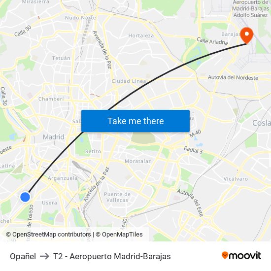 Opañel to T2 - Aeropuerto Madrid-Barajas map