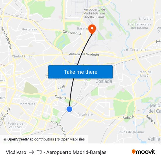 Vicálvaro to T2 - Aeropuerto Madrid-Barajas map