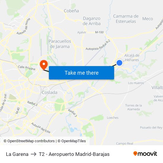 La Garena to T2 - Aeropuerto Madrid-Barajas map