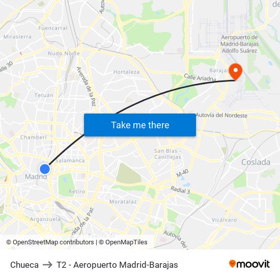 Chueca to T2 - Aeropuerto Madrid-Barajas map