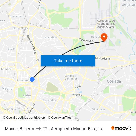 Manuel Becerra to T2 - Aeropuerto Madrid-Barajas map
