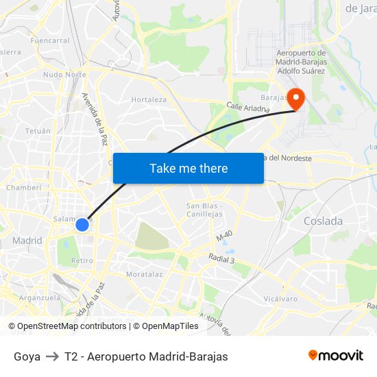 Goya to T2 - Aeropuerto Madrid-Barajas map