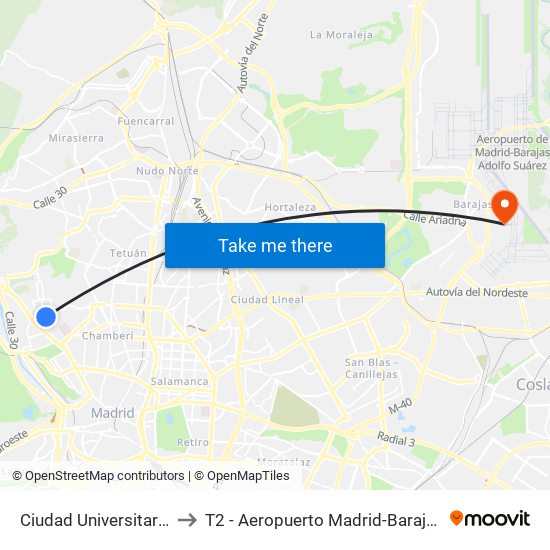 Ciudad Universitaria to T2 - Aeropuerto Madrid-Barajas map