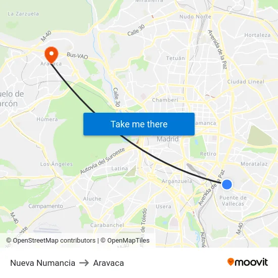 Nueva Numancia to Aravaca map