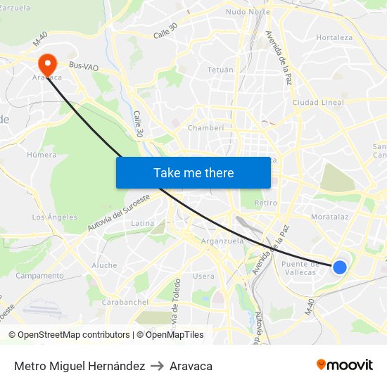 Metro Miguel Hernández to Aravaca map