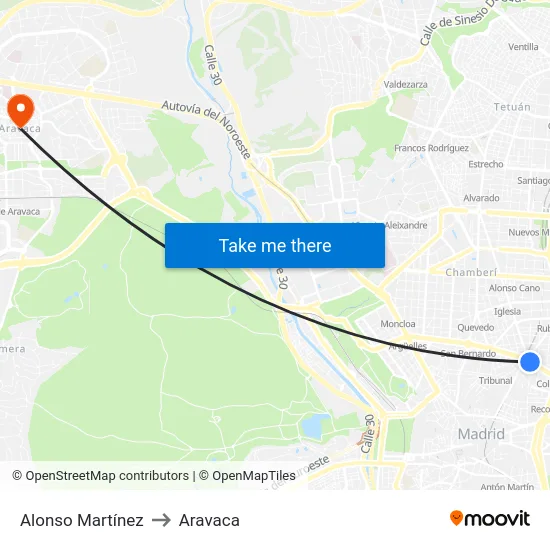 Alonso Martínez to Aravaca map