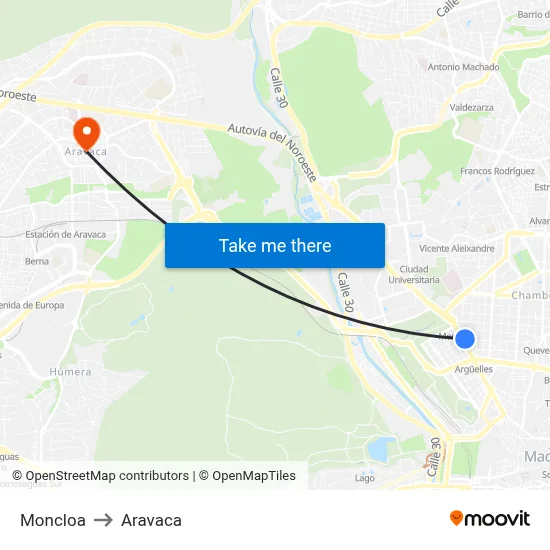 Moncloa to Aravaca map