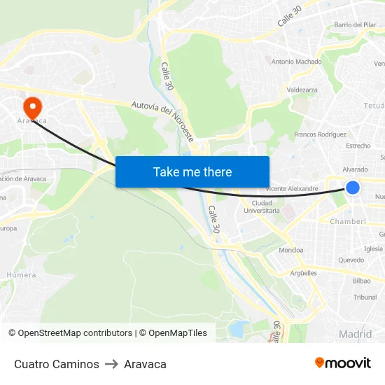 Cuatro Caminos to Aravaca map