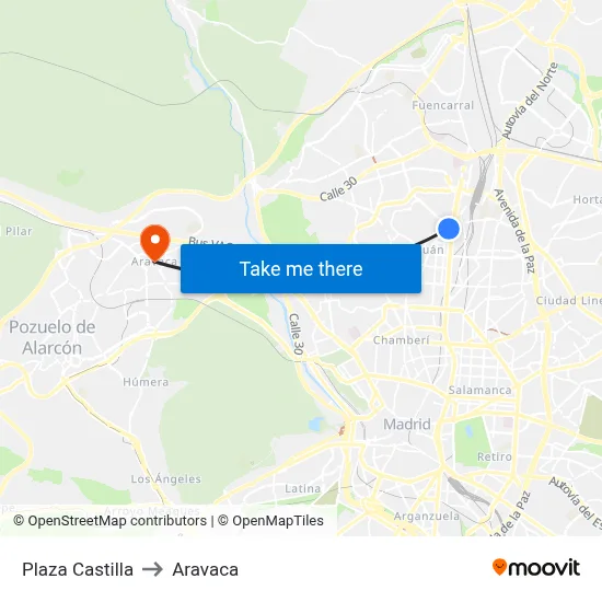 Plaza Castilla to Aravaca map