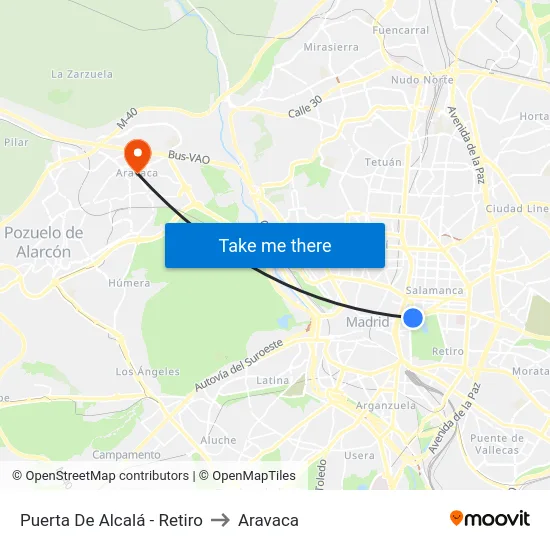 Puerta De Alcalá - Retiro to Aravaca map