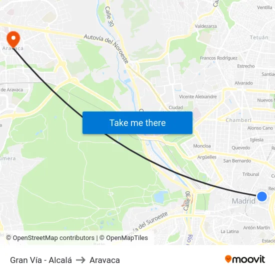 Gran Vía - Alcalá to Aravaca map
